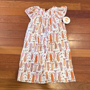 Peggy Green Girls Fish Print Ruffle Neck Dress - White, Pink & Orange